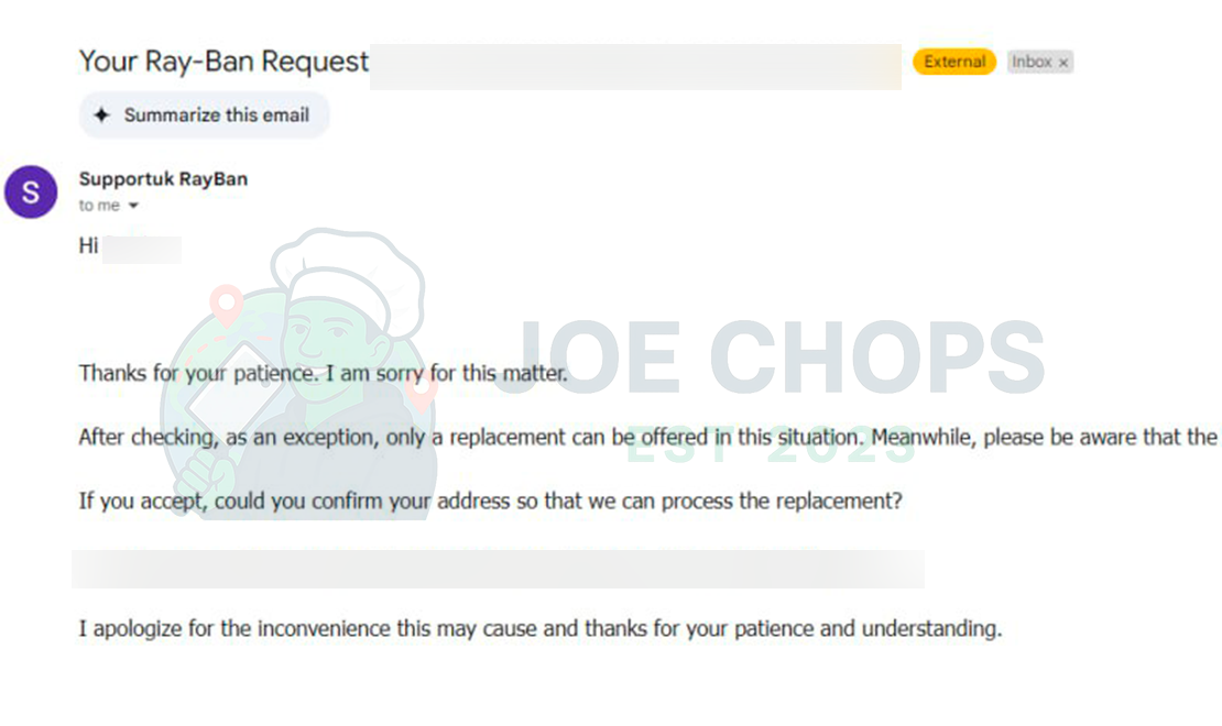 Ray-Ban Order Success